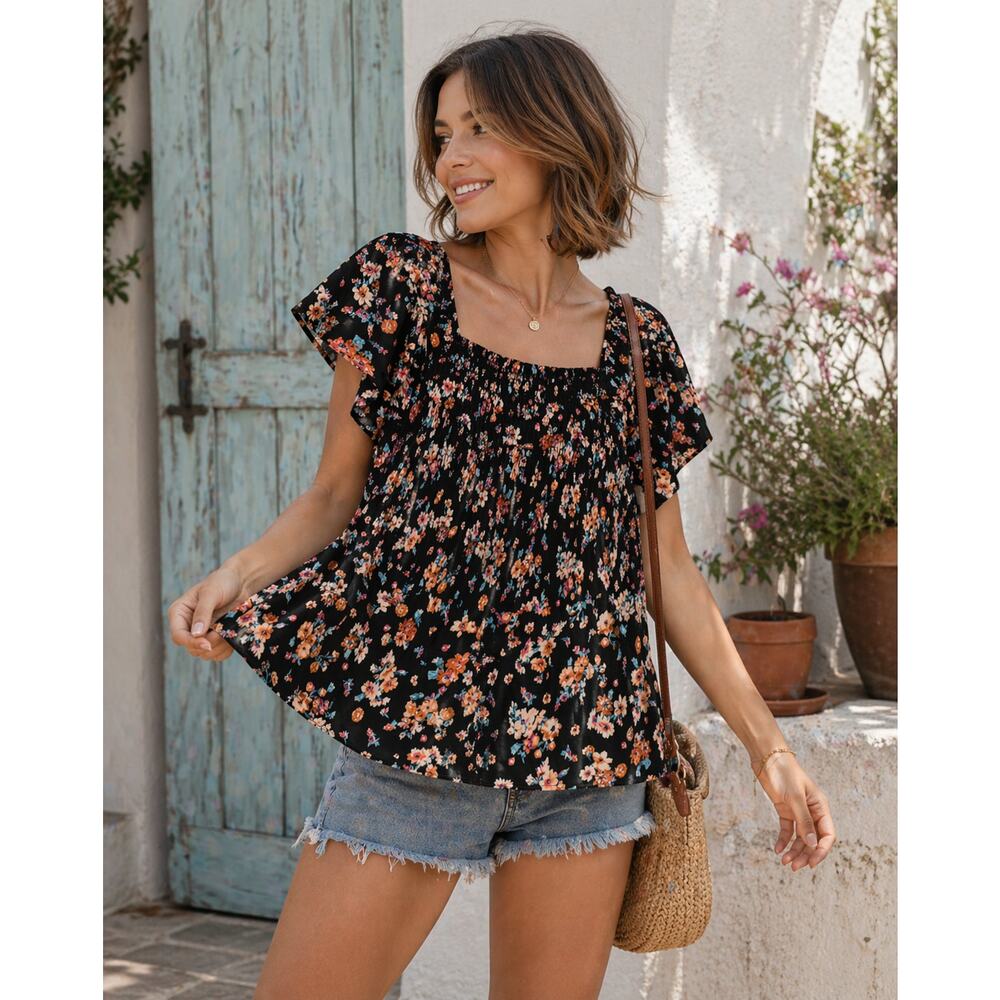 NEW Maurices Blouse Womens Size 1X Black Floral Smocked Bodice Boho Peasant